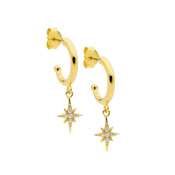Ellani Sterling Silver Gp 13mm Hoop Cz Star Drop Earrings