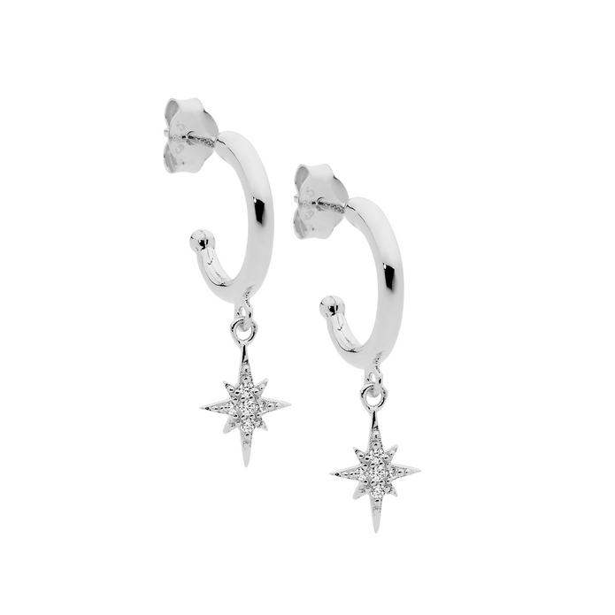Ellani Sterling Silver 13mm Hoop Cz Star Drop Earrings