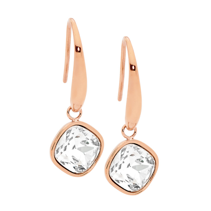 Ellani Stainless Steel Rgp Square Glass Drop Earrings