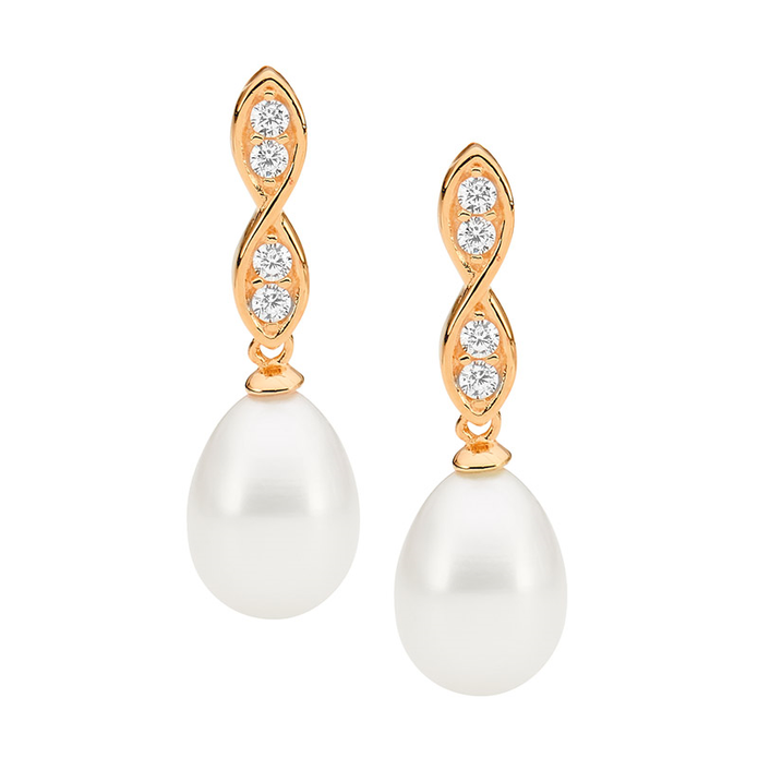 Ellani Sterling Silver Cz Freshwater Pearl Rgp Drop Earrings