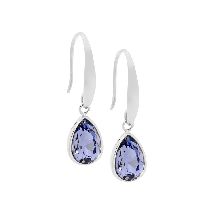 Ellani Stainless Steel Tear Drop Amethyst Glass Earrings