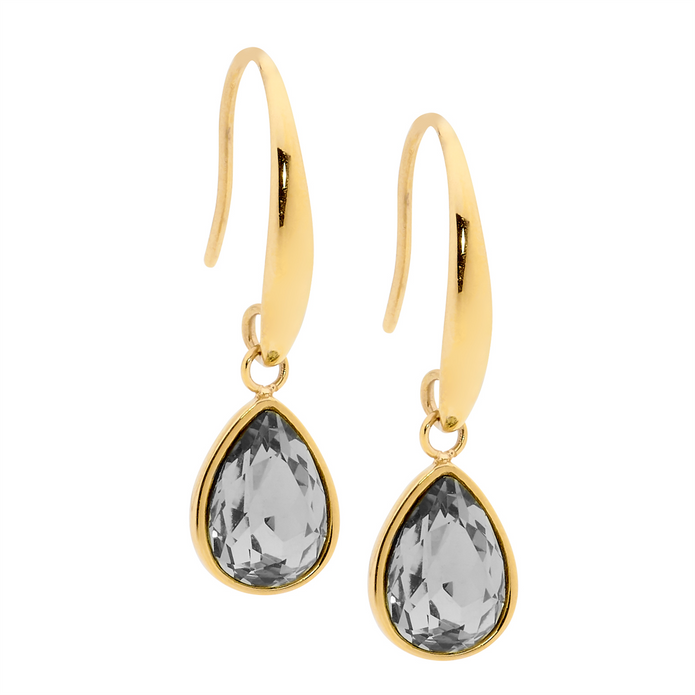 Ellani Stainless Steel Gp Tear Drop Black Glass Earrings