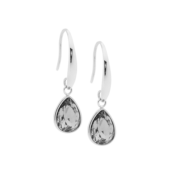 Ellani Stainless Steel Tear Drop Black Glass Earrings