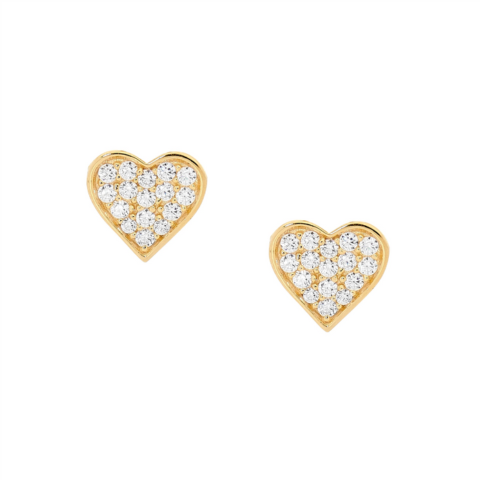 Ellani Sterling Silver Cz Pave Flat Heart Gp Stud Earrings