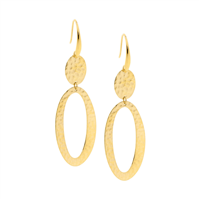 Ellani Stainless Steel Gp Hammered Double Oval Drop Earrings