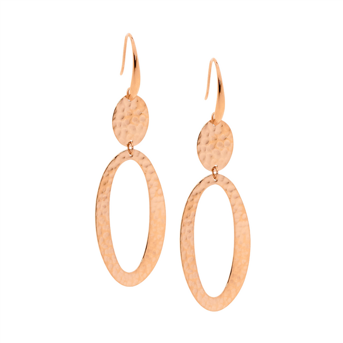 Ellani Stainless Steel Rgp Hammered Double Oval Drop Earrings
