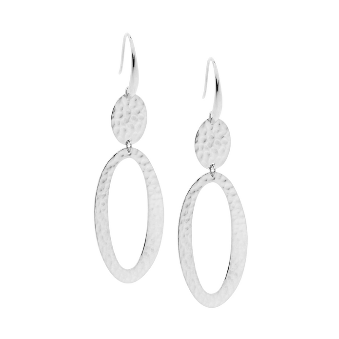 Ellani Stainless Steel Hammered Double Oval Drop Earrings