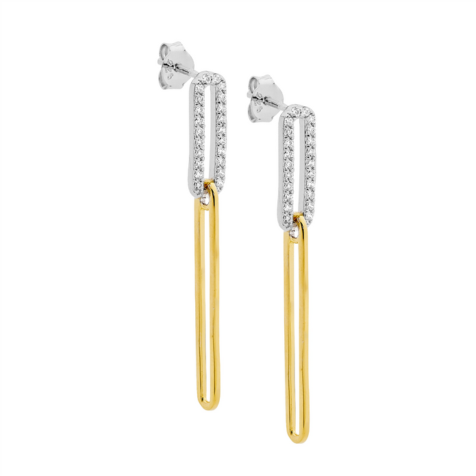 Ellani Sterling Silver Cz Open Oval Link Gp Drop Earrings