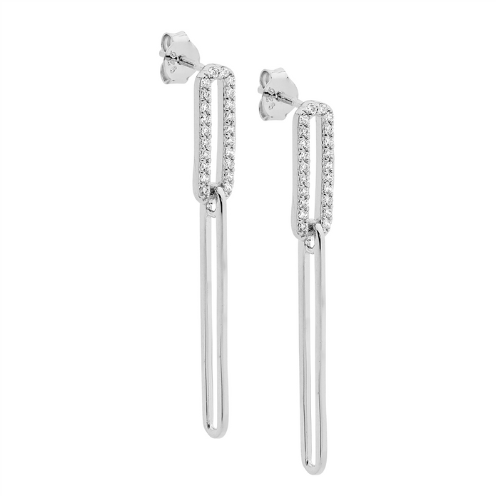 Ellani Sterling Silver Cz Open Oval Link Drop Earrings