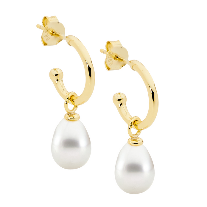 Ellani Sterling Silver Freshwater Pearl And 13mm Gp Hoop Earrings