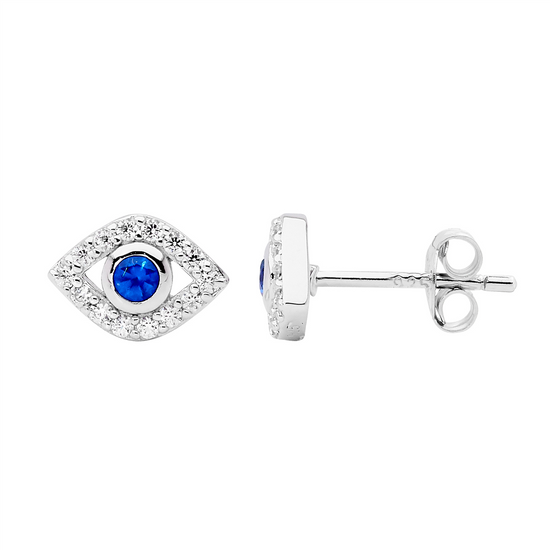 Ellani Sterling Silver Cz Evil Eye Stud Earrings