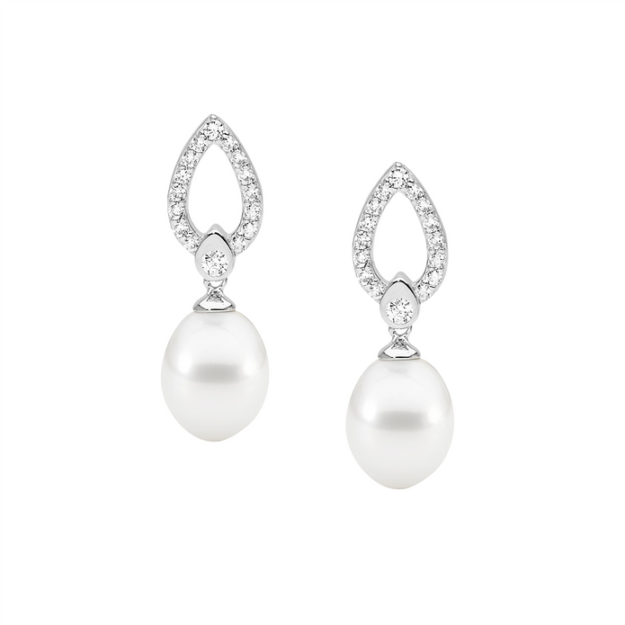 Ellani Sterling Silver Cz Open Tear And Freshwater Pearl Drop Earrings