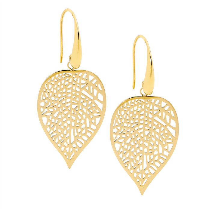Ellani Stainless Steel Gp Leaf Drop Earrings