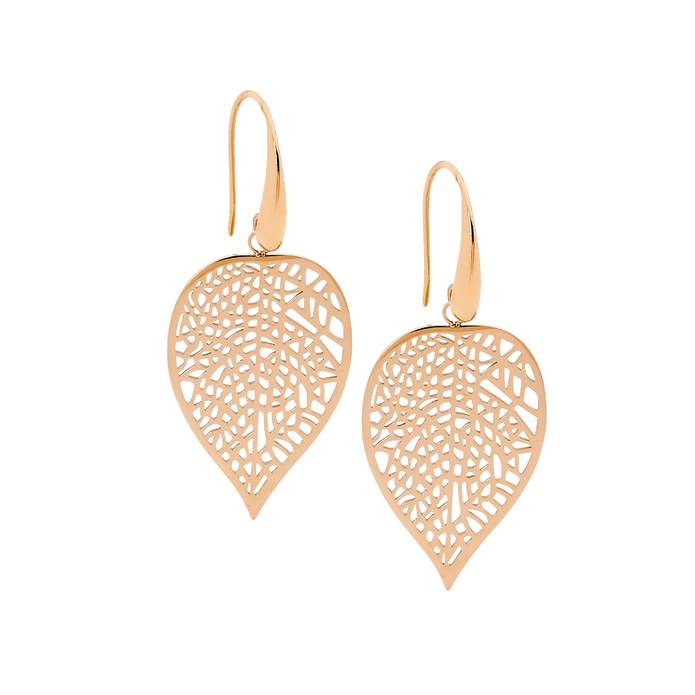 Ellani Stainless Steel Rgp Leaf Drop Earrings