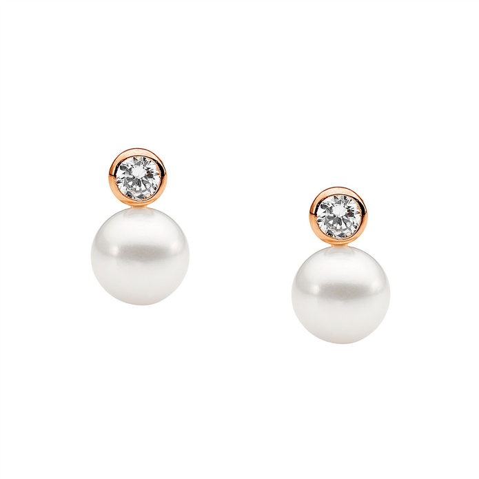 Ellani Sterling Silver Cz And 7mm Freshwater Pearl Rgp Earrings