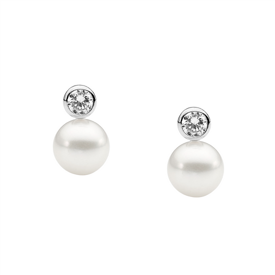 Ellani Sterling Silver Cz And 7mm Freshwater Pearl Earrings