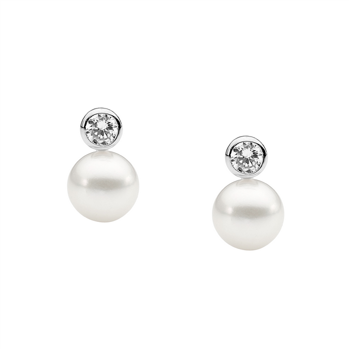 Ellani Sterling Silver Cz And 7mm Freshwater Pearl Earrings