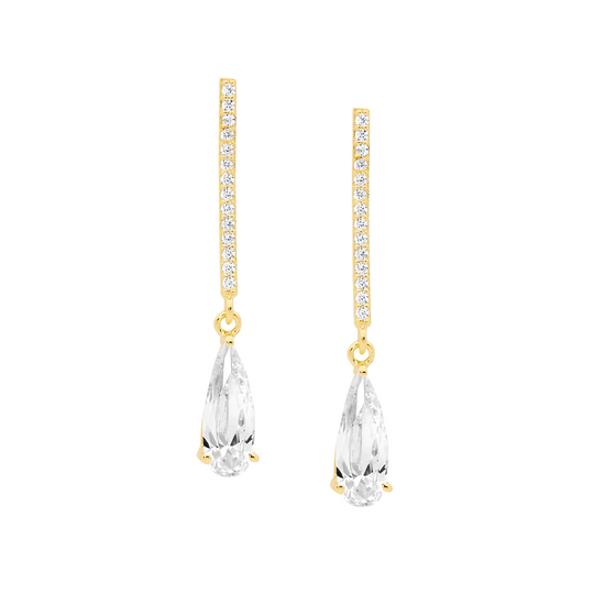 Ellani Sterling Silver Gp Cz Drop Bar Earrings