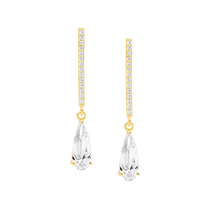 Ellani Sterling Silver Gp Cz Drop Bar Earrings