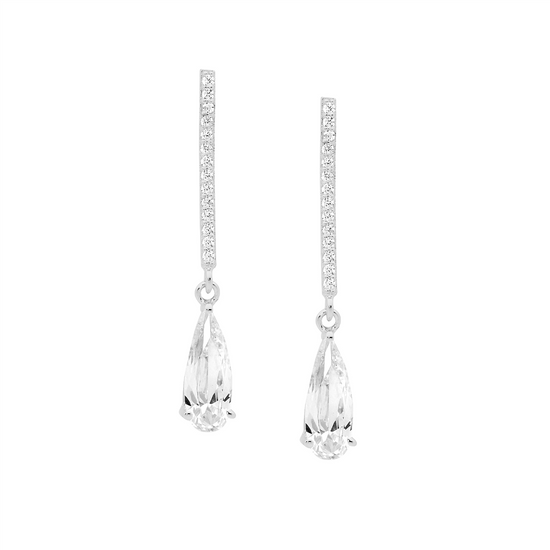 Ellani Sterling Silver White Cz Drop Bar Earrings