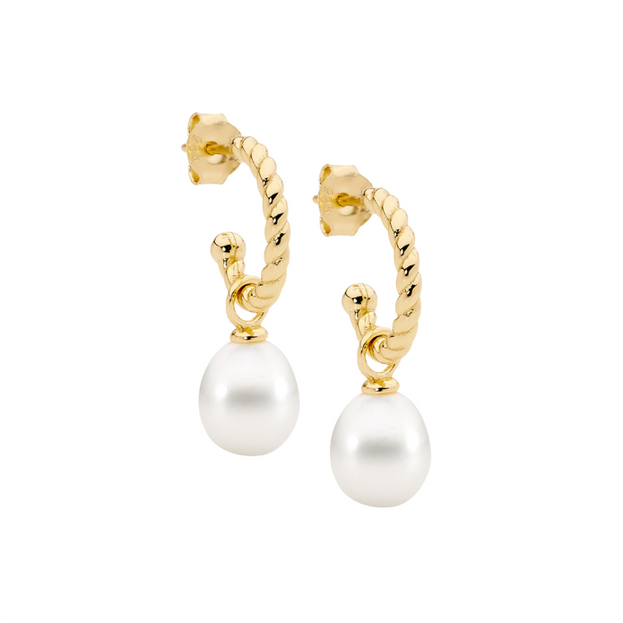 Ellani Sterling Silver 13mm Gp Twist Hoop And Freshwater Pearl Drop Earrings