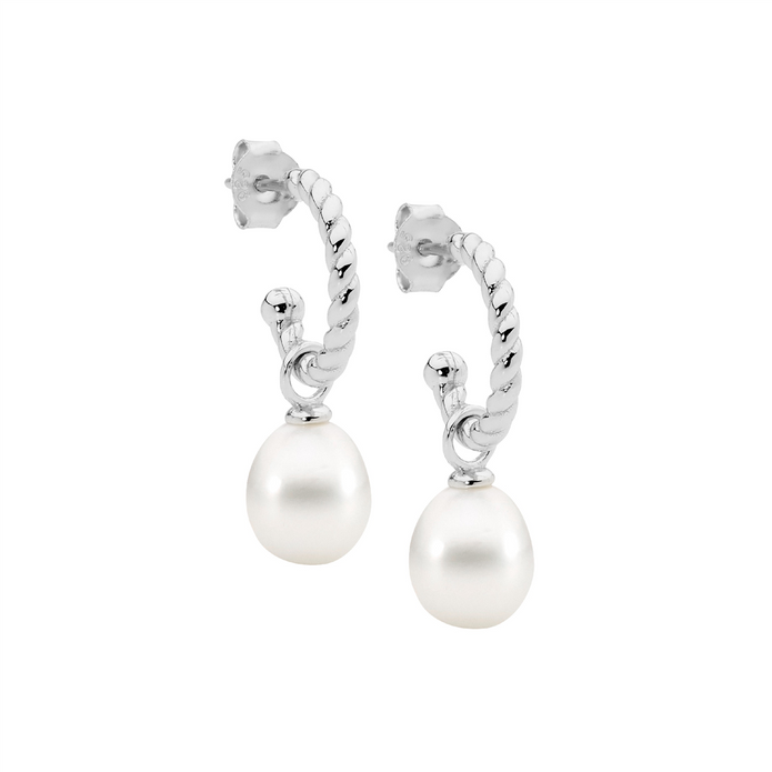 Ellani Sterling Silver 13mm Twist Hoop And Freshwater Pearl Drop Earrings