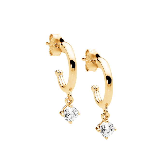 Ellani Sterling Silver 13mm Gp Cz Hoop Drop Earrings