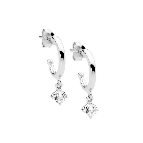 Ellani E580s Ellani Sterling Silver 13mm White Cz Hoop Drop Earrings.