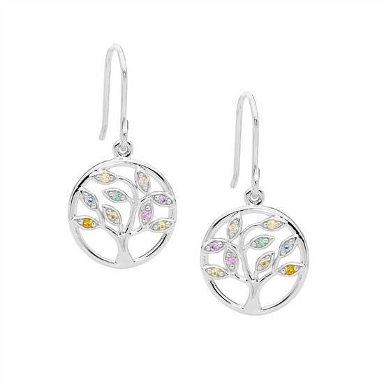Ellani Sterling Silver Multi Coloured Cz Tree Of Life Earrings