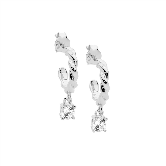 Ellani Sterling Silver Cz 13mm Twist Hoop Drop Earrings