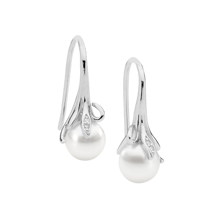 Ellani Sterling Silver Cz Freshwater Pearl Drop Earrings 2