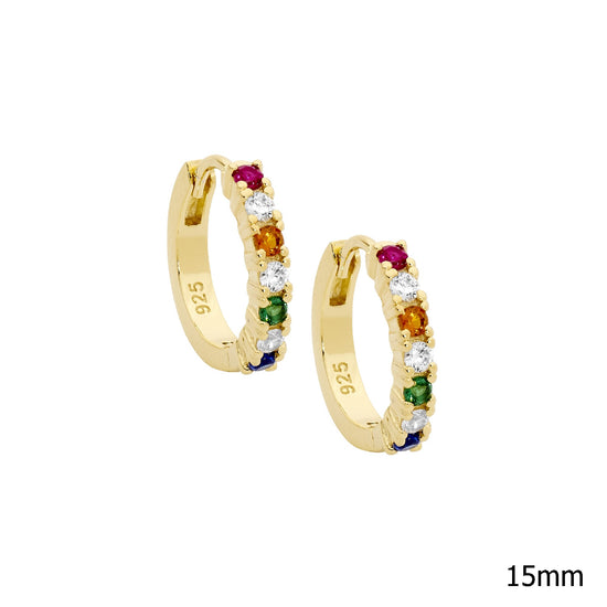 Ellani Sterling Silver Ygp 14mm Multi Coloured Cz Hoop Earrings