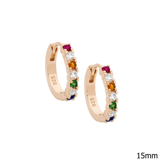 Ellani Sterling Silver Rgp 14mm Multi Coloured Cz Hoop Earrings