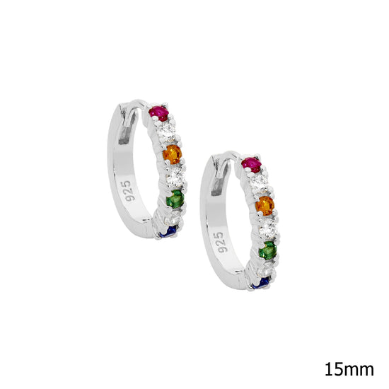 Ellani Sterling Silver 14mm Multi Coloured Cz Hoop Earrings