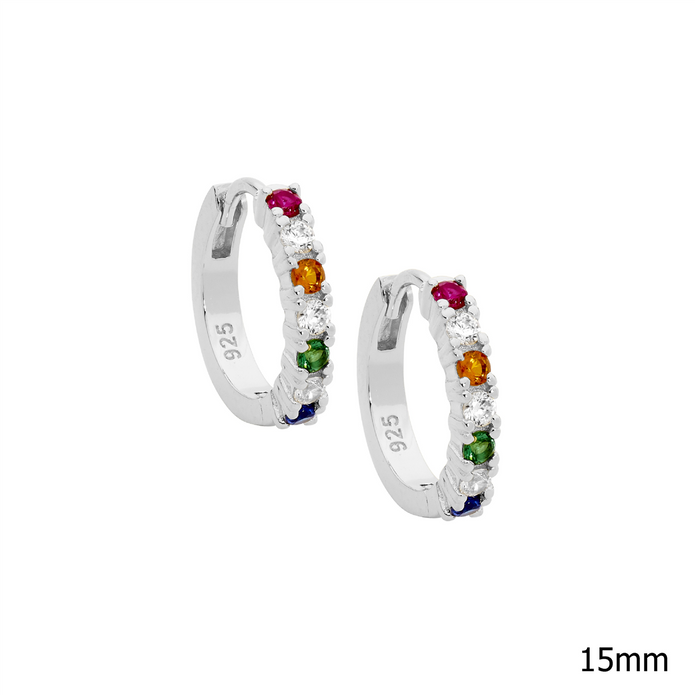 Ellani Sterling Silver 14mm Multi Coloured Cz Hoop Earrings