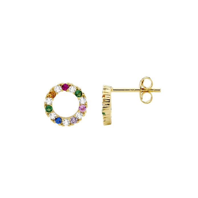 Ellani Sterling Silver Ygp 9mm Multi Coloured Cz Circle Stud Earrings