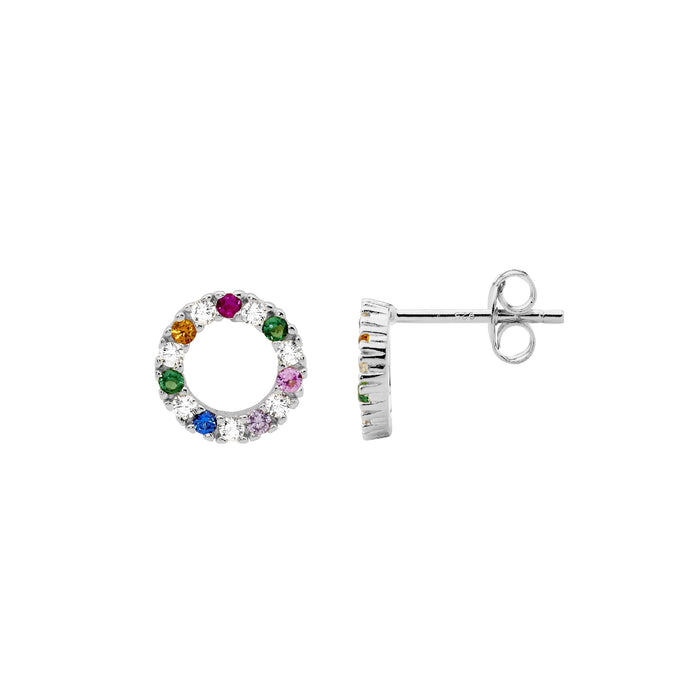 Ellani Sterling Silver 9mm Multi Coloured Cz Open Circle Earrings.