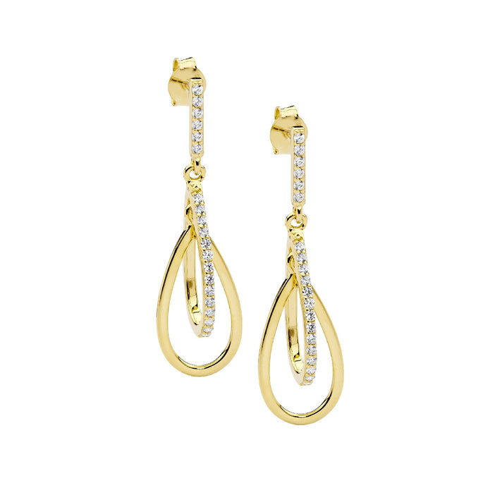 Ellani Sterling Silver Ygp Cz Double Open Tear Drop Earrings