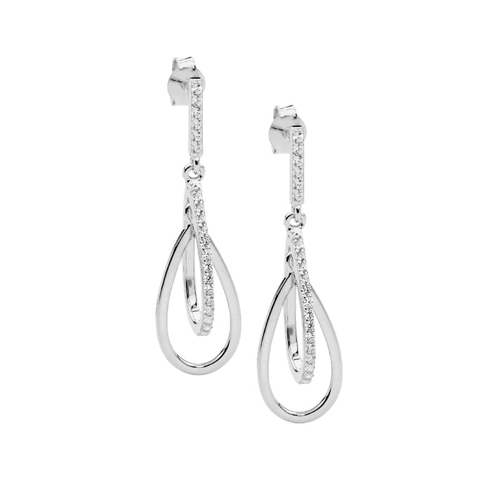 Ellani Sterling Silver Cz Double Open Tear Drop Earrings
