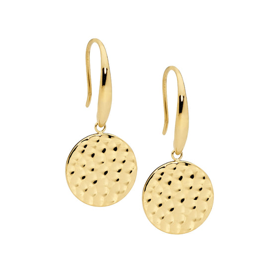 Ellani Se255g Ellani Stainless Steel Gold Plated 15mm Hammered Disk Drop Earrings.
