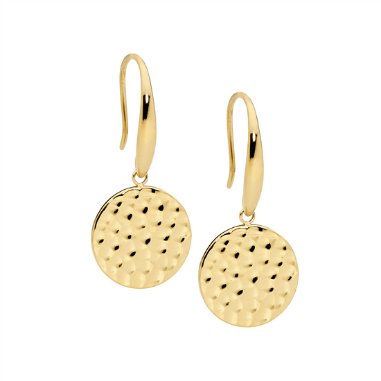 Ellani Se255g Ellani Stainless Steel Gold Plated 15mm Hammered Disk Drop Earrings.