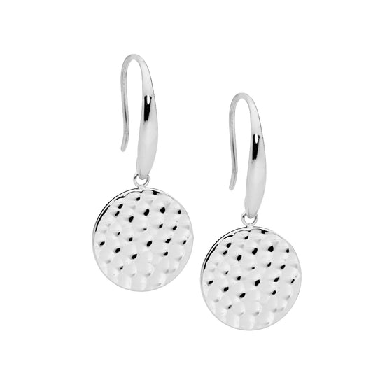 Ellani Stainless Steel 15mm Hammered Disk Drop Earrings