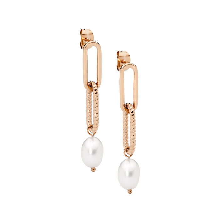 Ellani Stainless Steel Rgp Paperclip Freshwater Pearl Drop Earrings