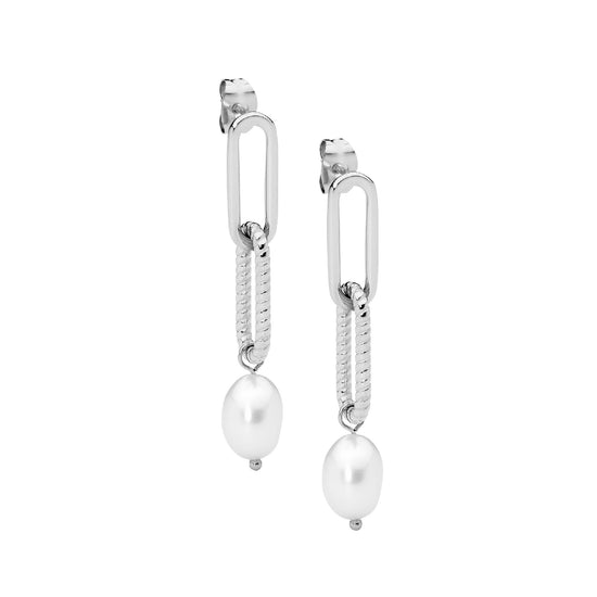 Ellani Stainless Steel Paperclip Freshwater Pearl Drop Earrings