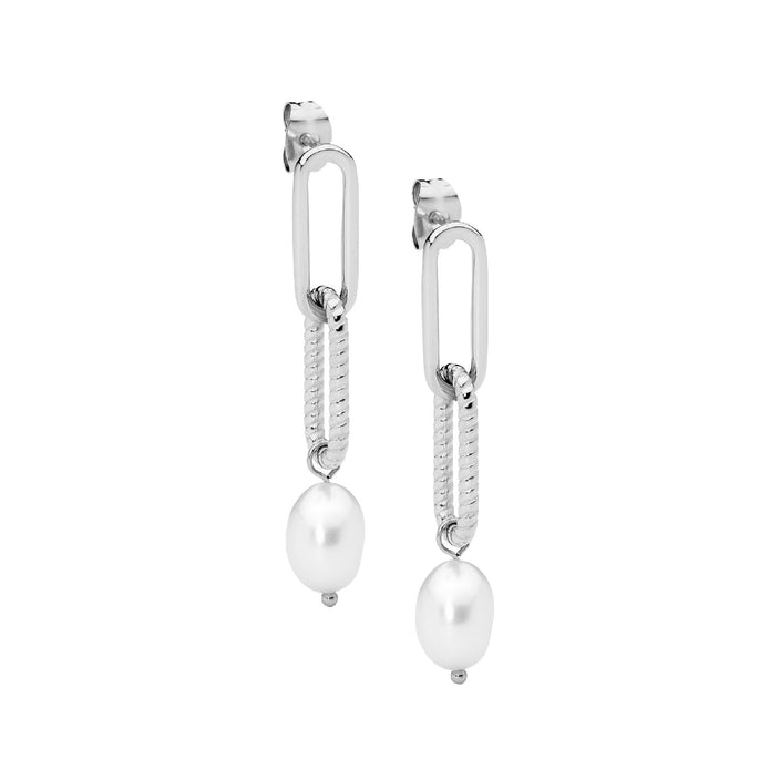 Ellani Stainless Steel Paperclip Freshwater Pearl Drop Earrings
