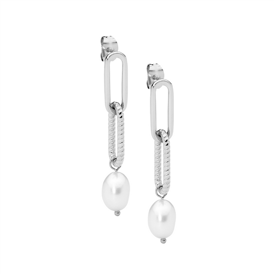 Ellani Stainless Steel Paperclip Freshwater Pearl Drop Earrings