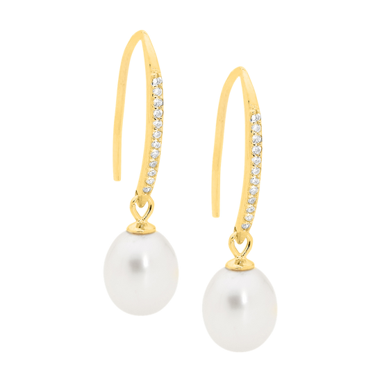 Ellani Sterling Silver Ygp Cz Pearl Drop Earrings