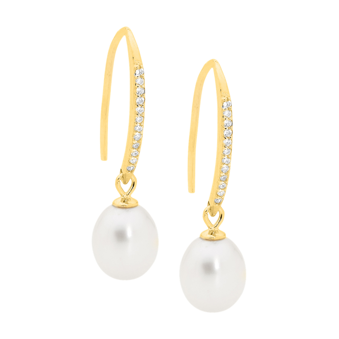 Ellani Sterling Silver Ygp Cz Pearl Drop Earrings