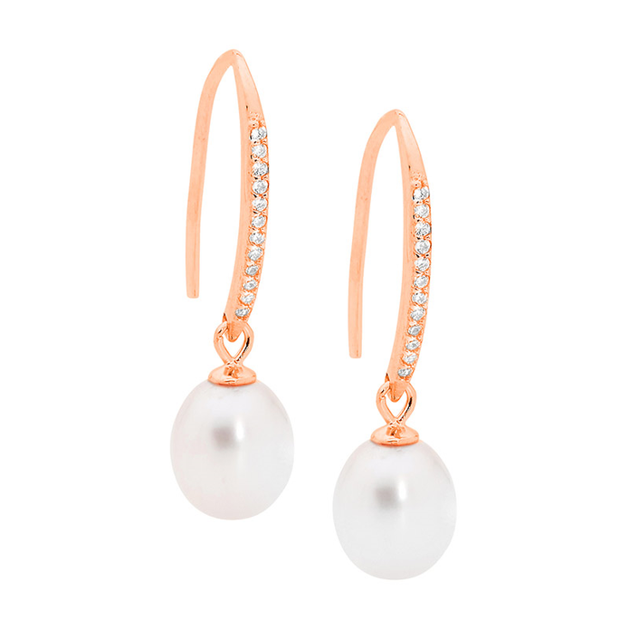 Ellani Sterling Silver Rgp Cz Pearl Drop Earrings