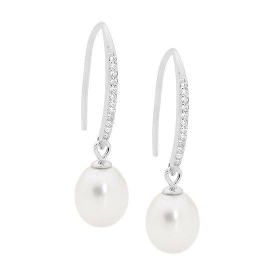 Ellani Sterling Silver Cz Pearl Drop Earrings